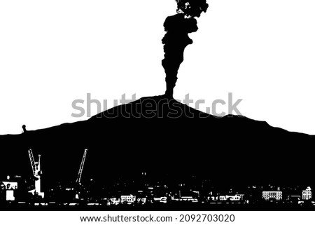 Vector of Etna volcano smoking following an eruption, with the skyline of Catania in the foreground