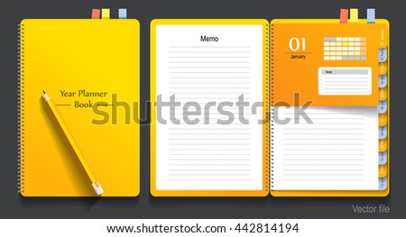 Notebook, year planner and pencil, business working. vector file