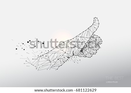 Abstract vector illustration of thumb up finger. line dot graphic design. concept of the best. - line stroke weight editable