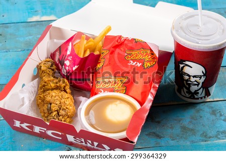 PHRAE,THAILAND - JULY 24, 2015: Kentucky Fried Chicken Box of promotion menu,Hamburger, Coca Cola Drink,Potato And French Fries.