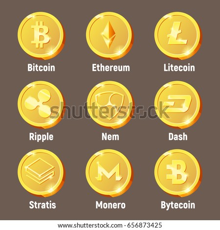 Cripto currency logo coins: Monero, Bytecoin, Stratis, Dash, Litecoin, Nem, Ripple, Ethereum, Bitcoin. Vector set for apps and websites