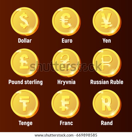 Currency golden logo coins: Tenge, Ukrainian Hryvnia, Franc, Rand, Pound sterling, Russian Ruble, Japanese Yen, Euro, US Dollar. Vector set for finance website, brochure or app
