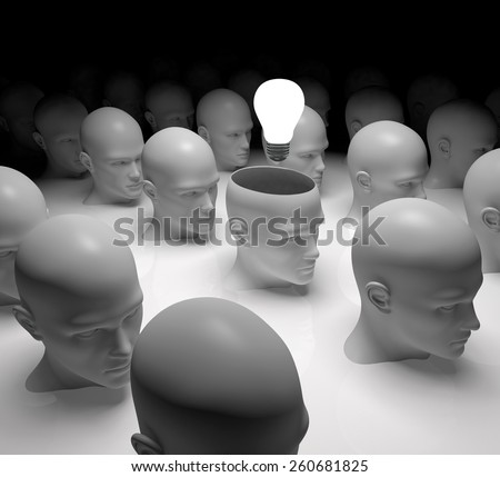 Open minded head with light bulb standing out from the rest