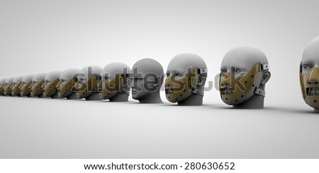 Masked heads in a row with a unmasked head in the middle