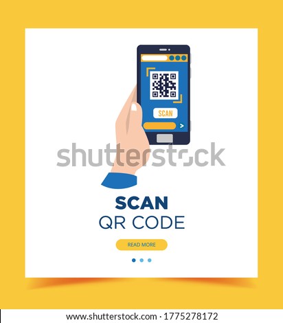 Vector flat cartoon illustration of hand using smartphone scan QR code and for check in before entry the mall