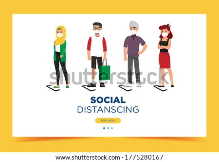 People wearing a mask doing social distancing while standing in a queue in the Shopping mall. People holding a shopping bag and waiting for the payment. Illustration about the new normal.