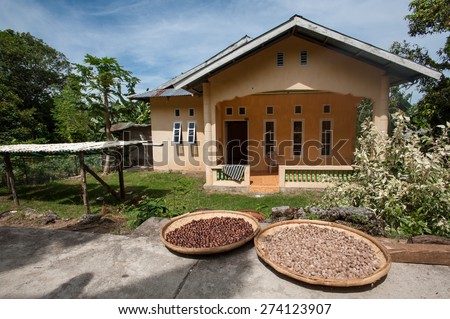 a lovely local house from the village of Hatta in the Banda Sea Indonesia with several local food products drying outside on the road, including the famous nutmeg, the pricey spice of this region.