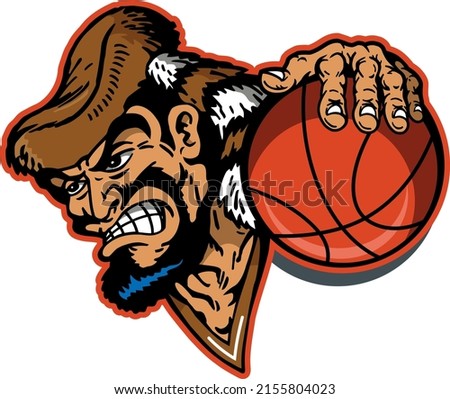 rugged pioneer mascot holding basketball for school, college or league