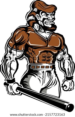 muscular pioneer mascot holding a baseball bat for school, college or league