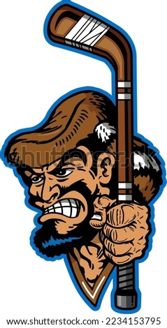 rugged pioneer mascot holding hockey stick for school, college or league sports