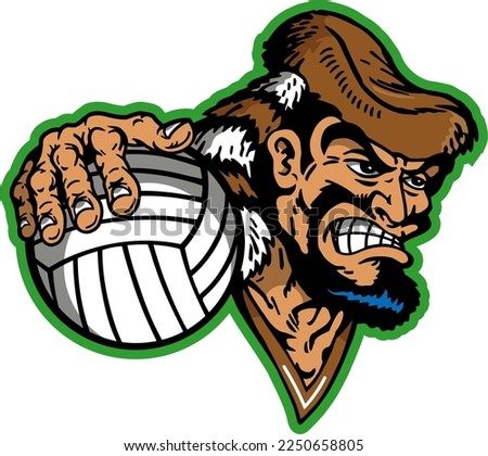 rugged pioneer mascot holding volleyball for school, college or league sports