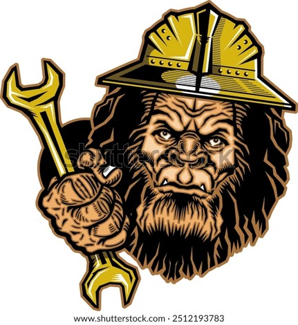 roughneck bigfoot mascot holding wrench and wearing hard hat 