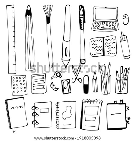 Set of office accessories in hand draw style. Pen, pencil, brush, laptop, computer mouse, sharpener, eraser, notebook, book, notepad, folder on rings in duddle style. Vector illustration isolated.