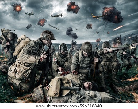 American soldiers on Field of Second World War Battle. Explosion on a  background - Stock Image - Everypixel