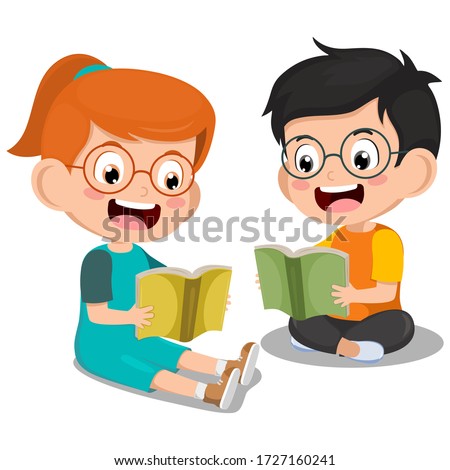 Cute little boy and girl sitting reading book on floor for learning. clever kid. childhood happy smile when reading textbook. character cartoon child  vector illustration for education and study.