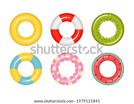 Set of rubber inflatable swimming rings. Toy for water and beach or trip safety. Life saving floating lifebuoy for beach or ship. Vector illustration.