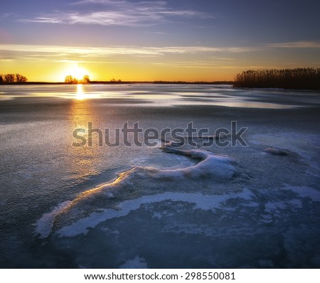 Winter ice landscape. Nature composition. Ice on the river
