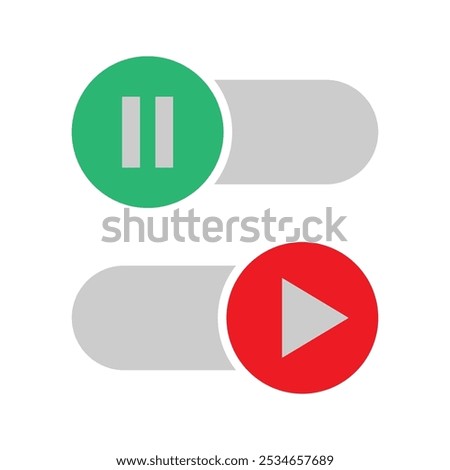 On and Off toggle switch buttons. Play and pause multimedia symbols. Switch buttons. Vector illustration.