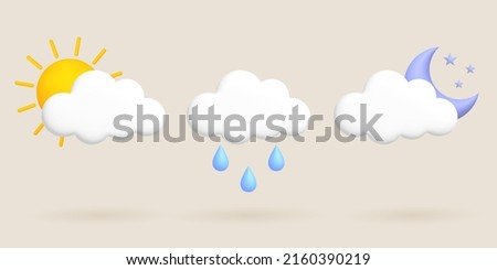 Cute 3d cartoon weather icons set. Sun, moon, cloud, rain, rain drop. Vector illustration.