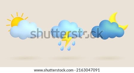 3d cartoon weather icons set. Sun, moon, cloud, rain, lightning, thunderstorm. Vector illustration.