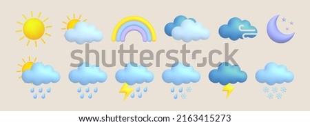 Cute 3d cartoon weather icons set. Sun, moon, rainbow, lightning, cloud, rain, snow, wind, thunderstorm. Vector illustration.
