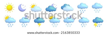 Cute 3d cartoon weather icons big set. Sun, moon, rainbow, lightning, cloud, rain, snow, wind, thunderstorm. Vector illustration.