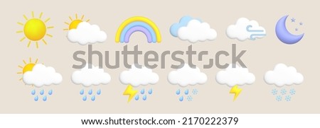 Sun, moon, rainbow, lightning, cloud, rain, snow, wind, thunderstorm. Cute 3d cartoon weather icons set. Vector illustration.