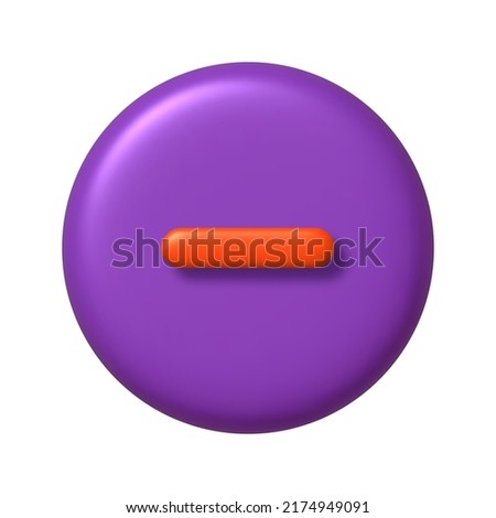 Math 3D icon. Orange arithmetic minus sign on purple round button. 3d realistic design element. Vector illustration.