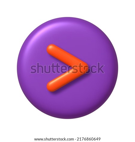 Math 3D icon. Orange arithmetic greater than sign on purple round button. 3d realistic design element. Vector illustration.