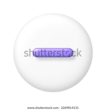 Math 3D icon. Purple arithmetic minus sign on white round button. 3d realistic design element. Vector illustration.