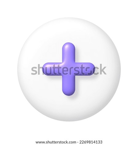 Math 3D icon. Purple arithmetic plus sign on white round button. 3d realistic design element. vector illustration.