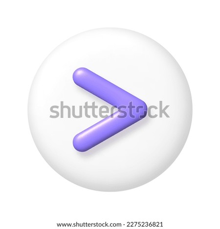 Math 3D icon. Purple arithmetic greater than sign on white round button. 3d realistic design element. Vector illustration.