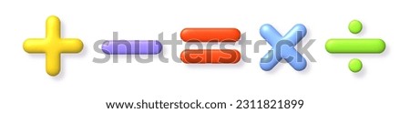 Math 3D icon set. Multicolor arithmetic plus, minus, equals, multiply and divide signs on white background with shadow. 3d realistic vector design element.