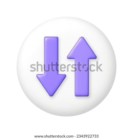 Purple 3D down and up arrow icon on white button. 3d cartoon design element. vector illustration.