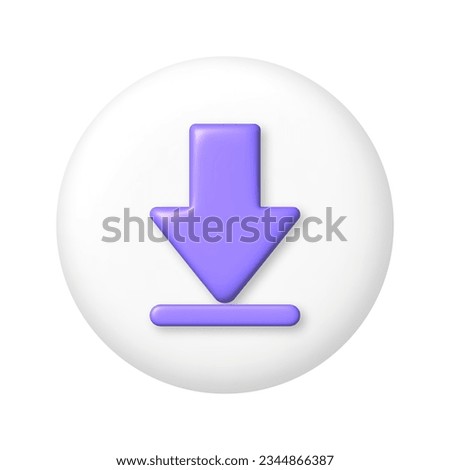 Purple 3D down arrow icon on white button. 3d cartoon design element. vector illustration.