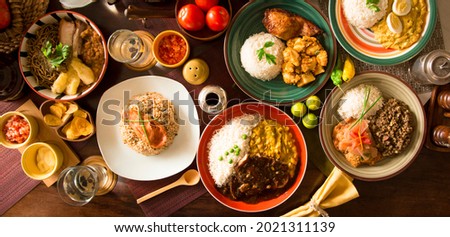 Image, Stock Photo Fresh cooked food in baking dish with various ingredients. Kitchen equipment. Dark concrete background.Flat lay. Top view