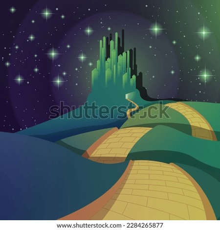 A magical green castle under a starry sky