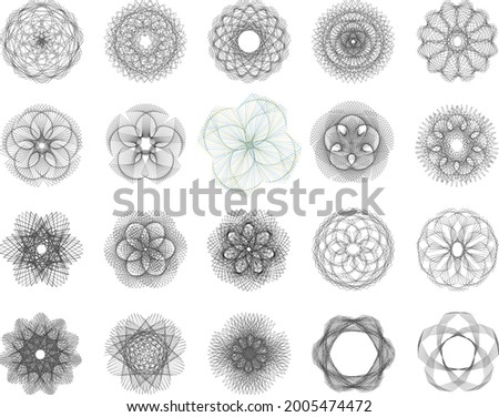 Set of asymmetric Guilloche Rosette stamp element design vector templates for certificate, diploma, currency, money, mandala, voucher. Created using AI CS6.