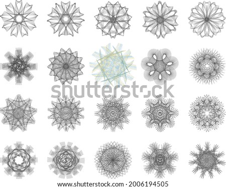 Set of asymmetric Guilloche Rosette stamp element design vector templates for certificate, diploma, currency, money, mandala, voucher. Created using AI CS6.