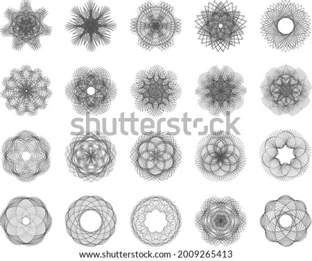 Set of asymmetric Guilloche Rosette stamp element design vector templates for certificate, diploma, currency, money, mandala, voucher. Created using AI CS6.