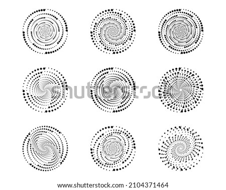 Spiral swirl, twirl dots, circle vortex halftone. Circular radial rotation lines vector templates. Created using AI CS6.