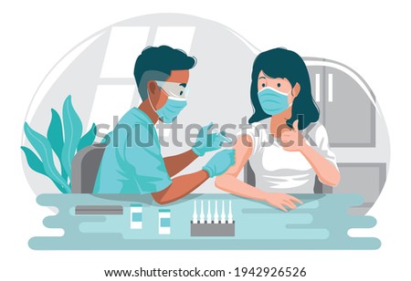 Doctor Injecting Coronavirus Vaccine to a Patient, conceptual illustration for immunity health. Adult immunization, covid vaccine. Flat illustration isolated on white background