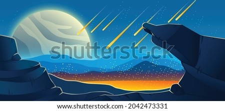 Meteor rain at night, neon space background with falling stars in dark sky of alien planet with craters full of glowing blue liquid, fantasy extraterrestrial landscape, Cartoon vector illustration