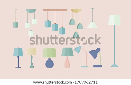 Set of different lamps. Vector. Flat design. Table lamp, floor lamp, ceiling lamp, chandelier.