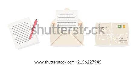 Sending envelope with letter. Envelope with stamps, written paper letter. Mail delivery vector set. Envelope mail correspondence illustration