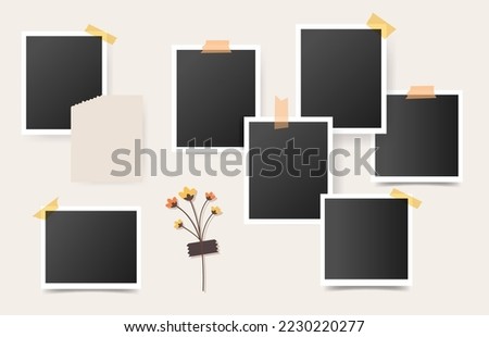 Big set of Retro instant photos on beige wall. Mood board of blank photo frames for memories. Snapshots glued with color adhesive tape. Vector illustration