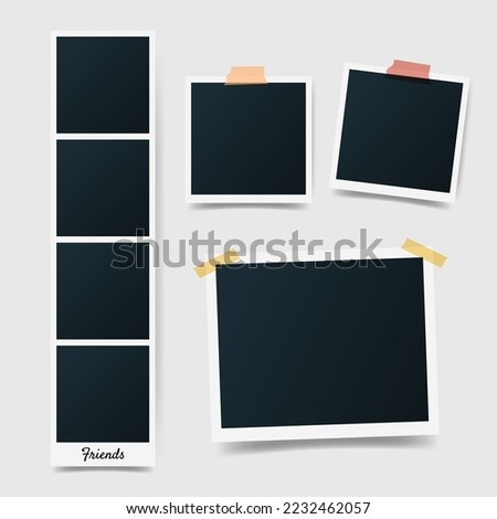 Different size of set photo picture frames on gray background. Photo booth, instant photos mockup glued with color adhesive tape. Photo template for Scrapbook. Vector illustration