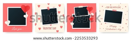 Valentine's day romantic cards with blank set photo picture frames. Greeting valentines template. Photo for memory. Vector mockup illustration