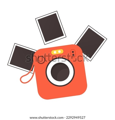 Retro camera, digital photo cam with blank snaphots. Photocamera, optical device of 2000s for moment photos. Flat vector illustration isolated on white background