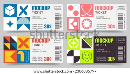 Tickets templates design in Swiss Bauhaus y2k Brutalist style set. Geometric primitive shapes pattern Mockup Coupons in different colors. Flat vector illustration for event, festivals, concert